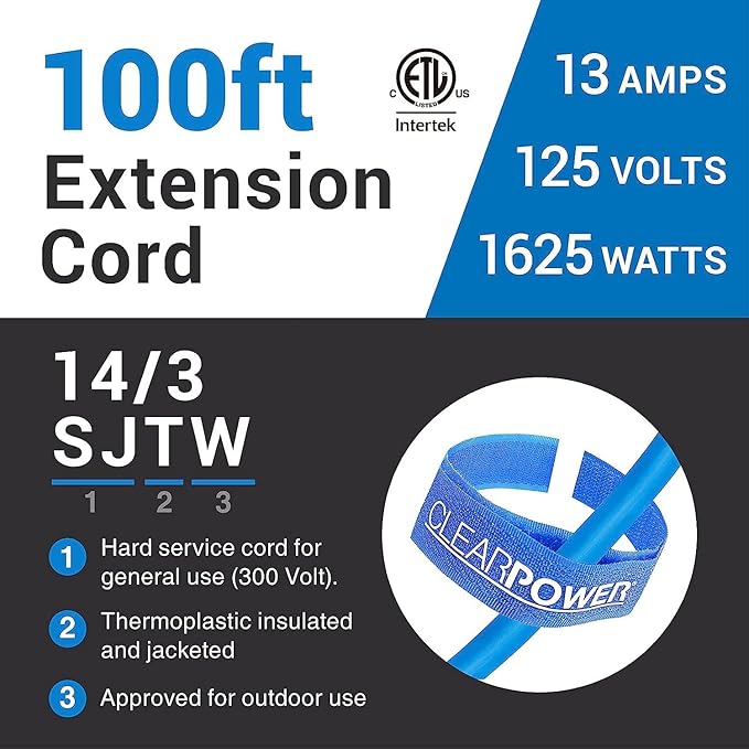 Clear Power 100 ft 14/3 SJTW -50°C Extreme Cold Weather Outdoor Indoor Extension Cord, Blue, Grounded Plug and Lighted Connector, Ideal for Snow Blowers and Power Tools, DCOC-0078-DC