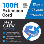 Clear Power 100 ft 14/3 SJTW -50°C Extreme Cold Weather Outdoor Indoor Extension Cord, Blue, Grounded Plug and Lighted Connector, Ideal for Snow Blowers and Power Tools, DCOC-0078-DC