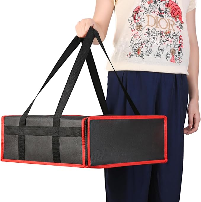 Bodaon Insulated Pizza Bags for Food Delivery 16" x 16" x 6", Compact Pizza Bag Holds 3 Boxes, Foldable Thermal Carrier for Delivery Staff Black-Red