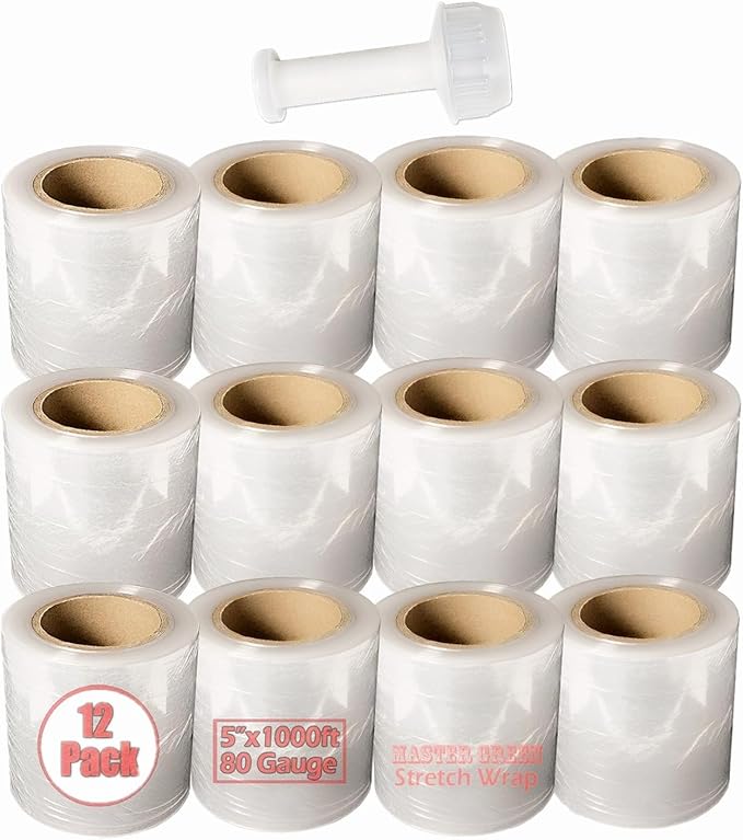 Master Green, 5" x 1000ft 80 Gauge (Pack of 12 Rolls) Clear Plastic Mini Hand Stretch Shrink Wrap Film with One Handle for Industrial, Shipping, Pallet, Storage, Retail, Packing Moving Packaging