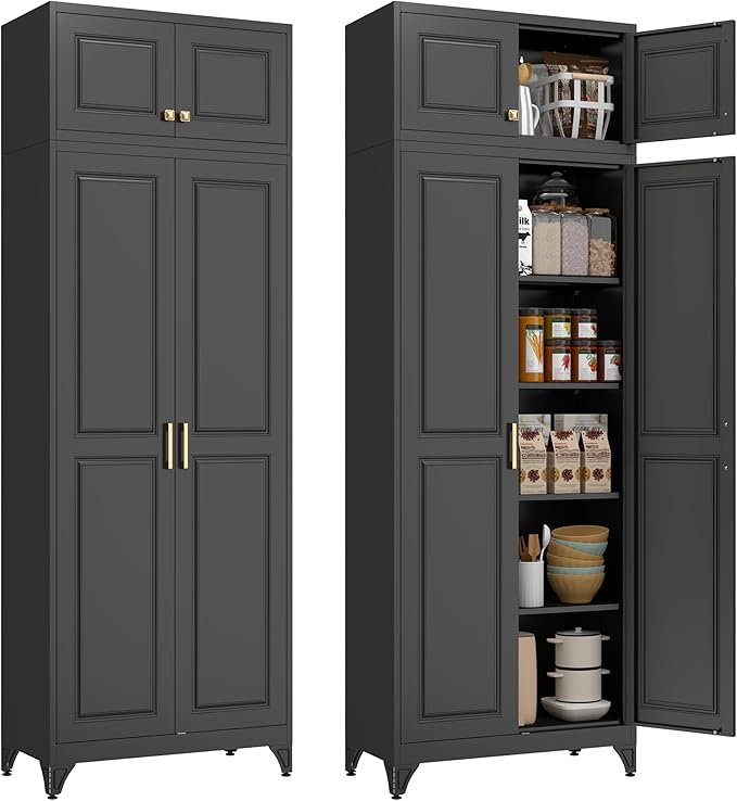Kitchen Pantry Cabinet, Metal Food Pantry cabinets with Doors and Shelves, 90" Tall Storage Cabinet for Dining, Living Room, Black, 16" D x 32" W x 90" H, Assembly Required