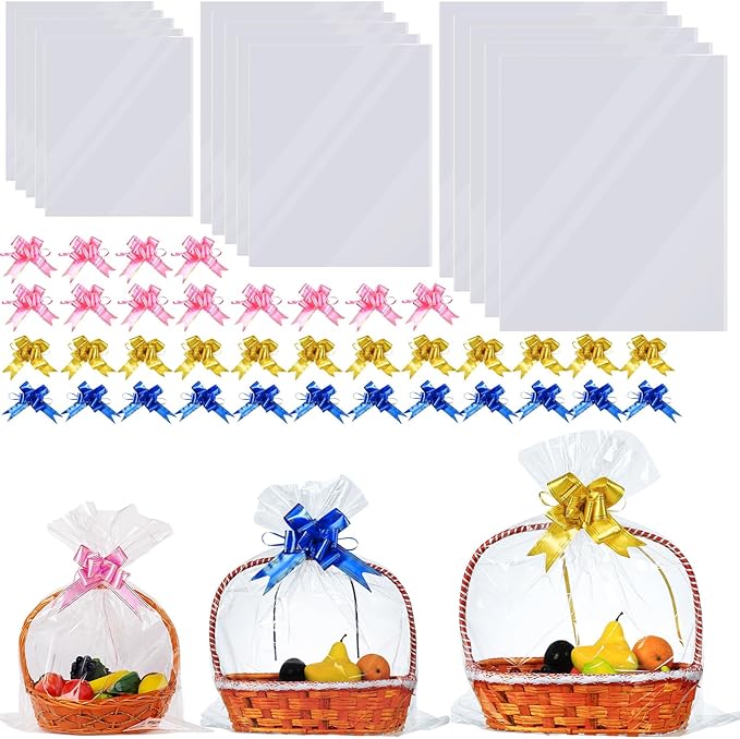 60 Packs Large Clear Cellophane Bags 14x20 18x24 24x30 Inches Jumbo Gift Basket Wraps Extra-large Transparent Plastic Bags for Fruit Basket, Gift Wrap, Treats, Arts and Crafts, 60 pcs Pull Ribbon Bow Ties