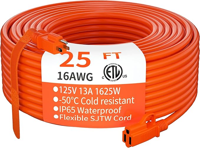 HUANCHAIN Indoor Outdoor Extension Cord 25 ft Waterproof, 16/3 Gauge Flexible Cold-Resistant Appliance Extension Cord Outside, 13A 1625W 16AWG SJTW, 3 Prong Electric Cable Orange, ETL