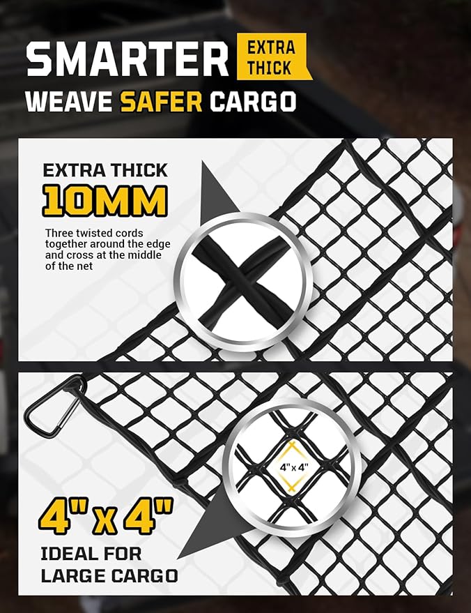 Cargo Net for Pickup Truck Bed - Stretchable 4' x 6' to 8' x 12' with 4" x 4" Mesh, Heavy Duty 10mm Cord Bungee Bed Netting with 12 Metal Carabiners - Ideal for ATV, SUV, UTV and Truck