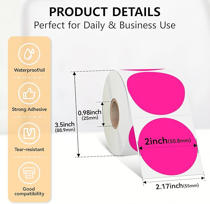 Dot Stickers Labels, 2 inch Circle Garage Sale Sticker 750Pcs Round Thermal Printer Stickers Printable Writable Price Labels for Yard Sale, Fluorescent Pink