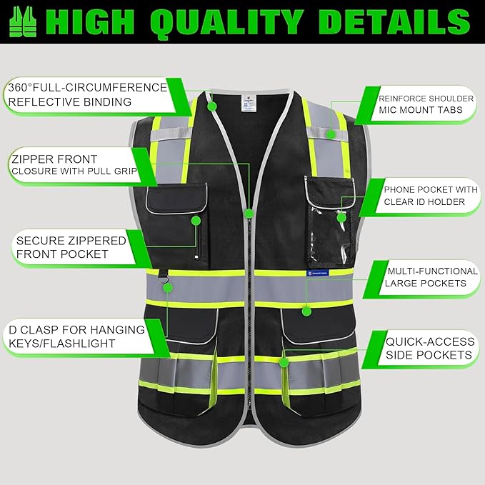 BeautyWill ANSI Certified Custom Logo Safety Vest 8-Pockets Class2 High Visibility Reflective Vest for Men - Personalized Logo Heavy-Duty Work Vest（Black，XL）