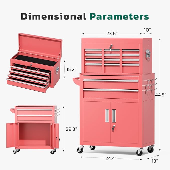 Greenvelly 8-Drawer Rolling Tool Chest, Metal Tool Chest with Wheels, Tool Cabinet with Detachable Top Tool Box, Metal Tool Cart with Liner & Hooks for Garage, Workshop, Warehouse (Pink)