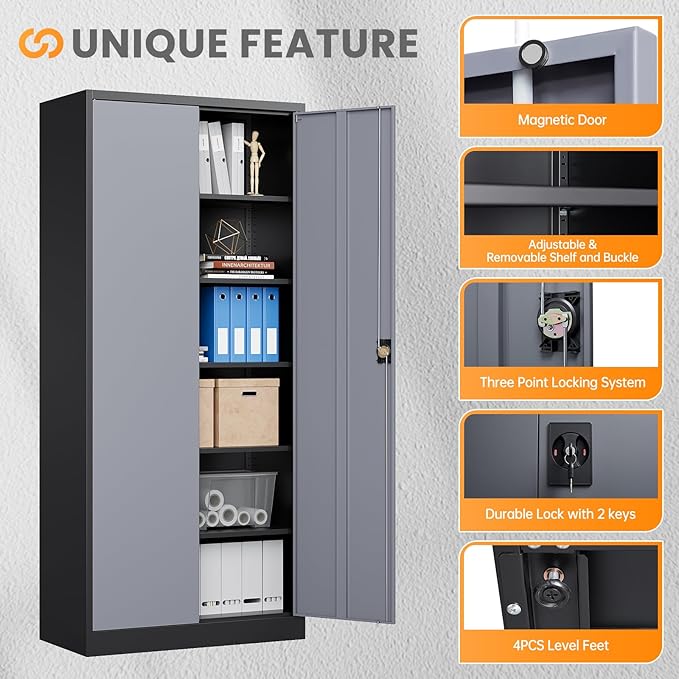 Metal Garage Storage Cabinets with Lock, 71" Tall Tool Cabinet with 2 Door and 5 Adjustable Shelves, Locking Garage Cabinets and Lockable Steel Locker for Home Office Warehouse-(Black Gray-71”H)