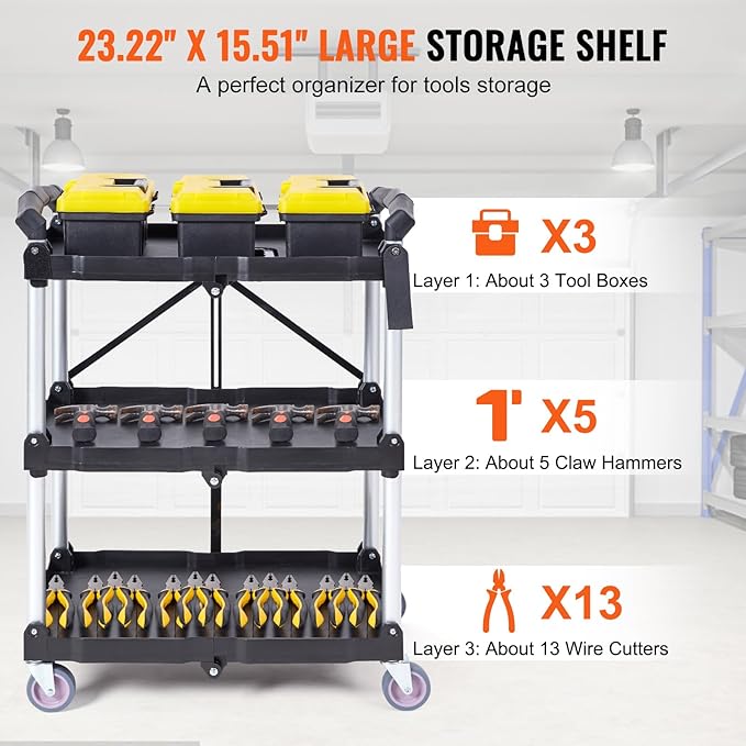 VEVOR Foldable Utility Service Cart, 165LBS 3 Shelf Heavy Duty Plastic Rolling Cart with 360° Swivel Wheels (2 with Brakes), Ergonomic Handle, Portable Garage Tool Cart for Warehouse Office Home