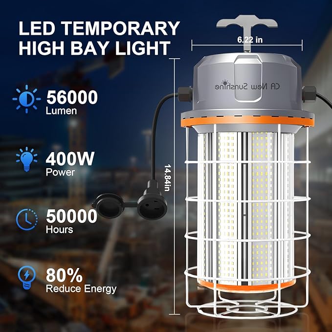 400W LED Temporary Work Light，56000Lumens 5000K Daylight White ON/Off Switch & Hook, IP65 Dust & Waterproof,Portable Hanging Construction Site Light for Jobsite, Warehouse, Workshop, Outdoor Projects
