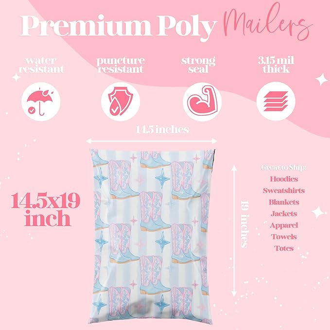 10x13 Designer Poly Mailer 100 Pack Heavy Duty Waterproof Self Seal Shipping Bags for Small Business Large Mailing Envelopes Bulk Tear Resistant Packaging Cowgirl Boots Western