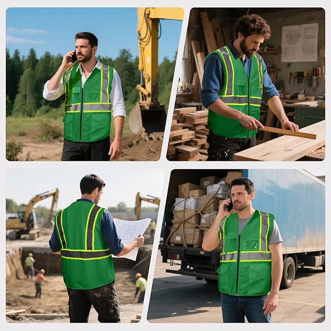 Safety Vest Customize Logo with 5 Pockets & Zipper Reflective High Visibility Vest Class 2 Outdoor Workwear
