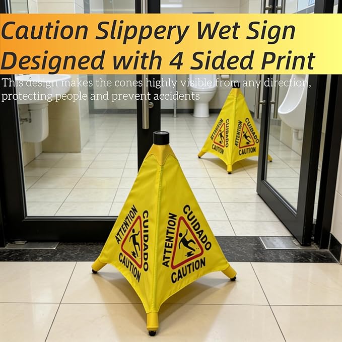 Wet Floor Signs - 2PCS Pop UP Bilingual Yellow Cones Wet Floor Sign with Wall Mounted Storage Tube Foldable, Slip Carefully Safety Cone Signs For Commercial & Office
