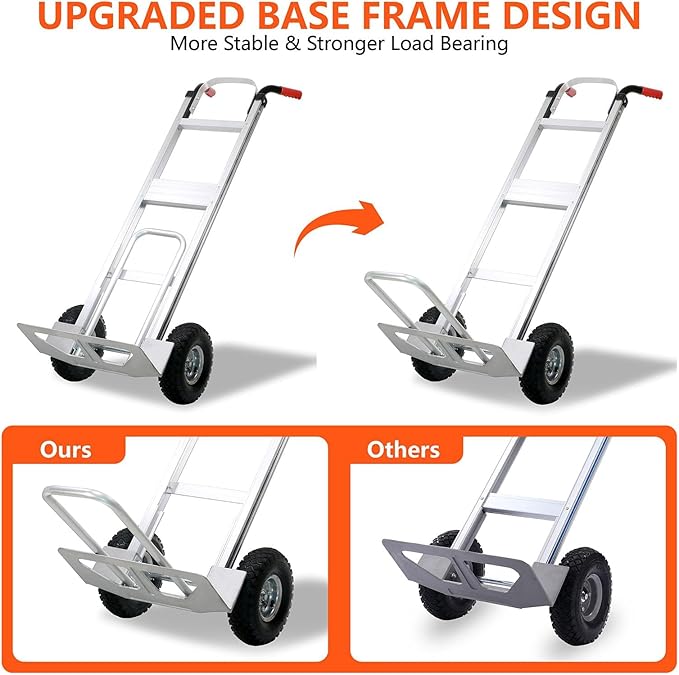 Aluminum Hand Truck 600 LBS Capacity, Handle Heavy Duty Industrial Dolly with 10" Pneumatic Tire and 2 Elastic Cords, Platform Cart for Transport and Moving in Home, Office, Warehouse, Supermarket