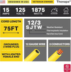 Lighted Outdoor Extension Cord 75 ft - 12 Gauge 15 Amp Heavy Duty Power Extension Cords - SJTW - Great for Major Appliances, Power Tools, Garden Supplies - Yellow