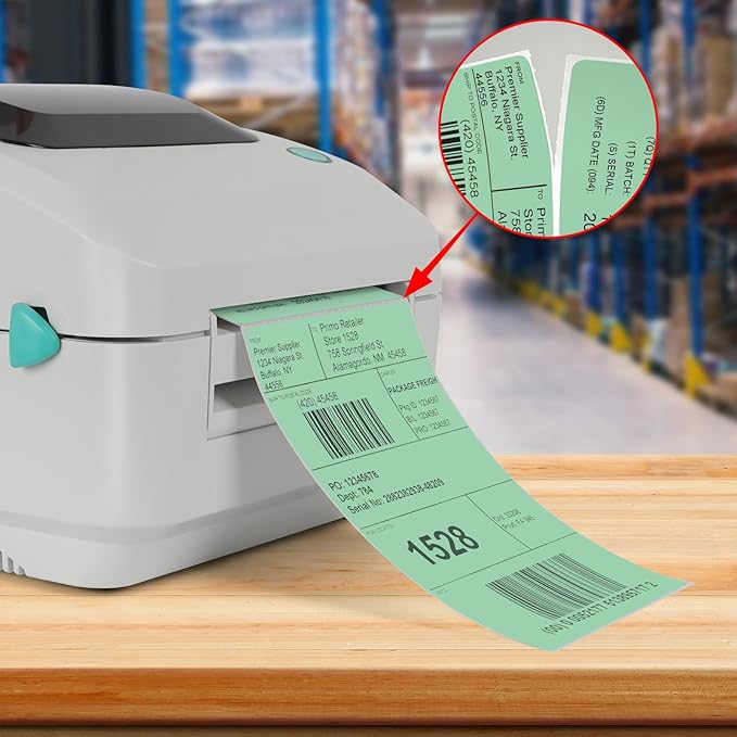 Green Direct Thermal Labels 4 × 6 Inch Vinyl Self-Adhesive Fanfold Shipping Stickers Waterproof Perforated Printer Decal for Office School Warehousey 500 PCS