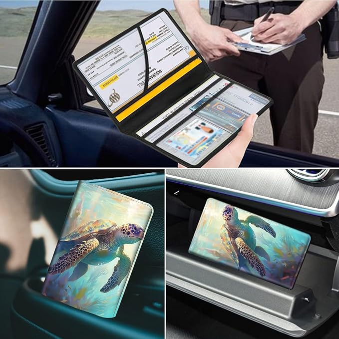 Car Registration and Insurance Holder, Leather Car Glove Box Organizer, Cool Car Accessories for ID, Driver's License Cards & Essential Document,business cards,Men&Women,Cute Sea Turtles