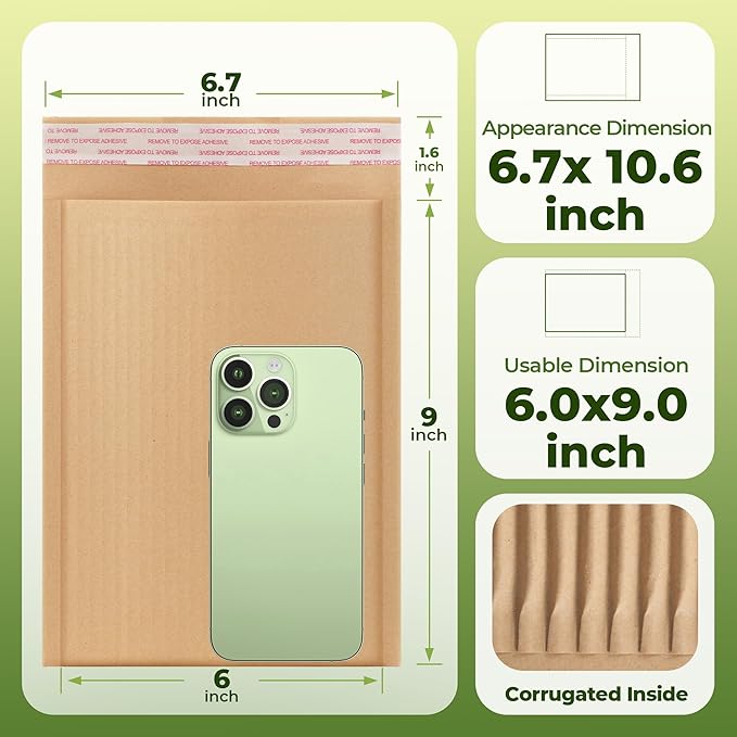 Tera Rigid Mailers Kraft Envelopes: 50 Pack 6x9 Inches Recyclable Mailing Shipping Envelope 80gsm Thickened Kraft Self Seal Corrugated Inside for Document CD Photos File Postcard Small Business