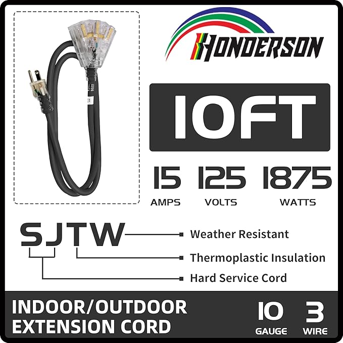 3-Outlets Indoor Outdoor Extension Cord Weatherproof with Lighted End, UL Listed, 10 Gauge 10FT Black 3 Prong Heavy Duty, 10/3 SJTW 15A Power Cord