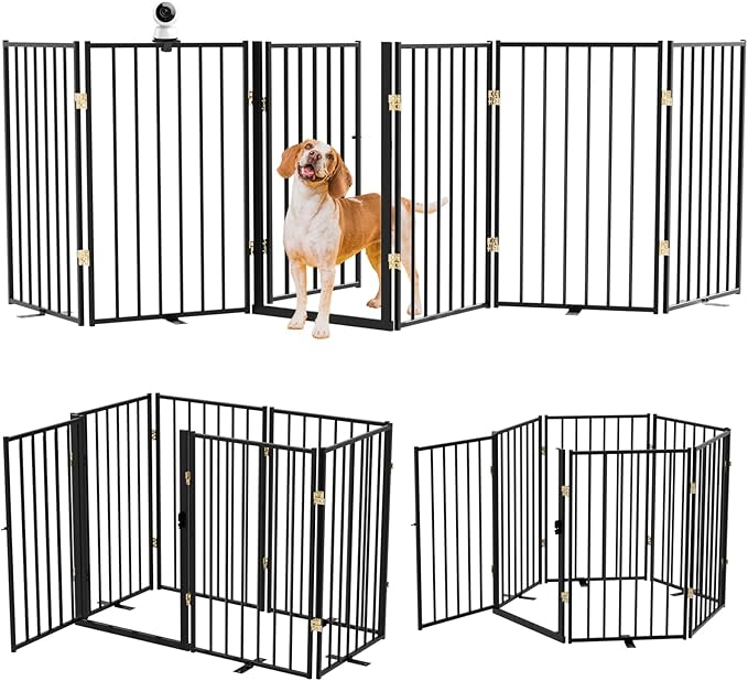 Metal Freestanding Dog Gate Outdoor-6 Panels with Door, Extra Wide Foldable Pet Fence with Pet Monitor Adapter, 32'' Height Tall Dog Gate for Doorways, Stairs, Hallways, Yard, Indoor
