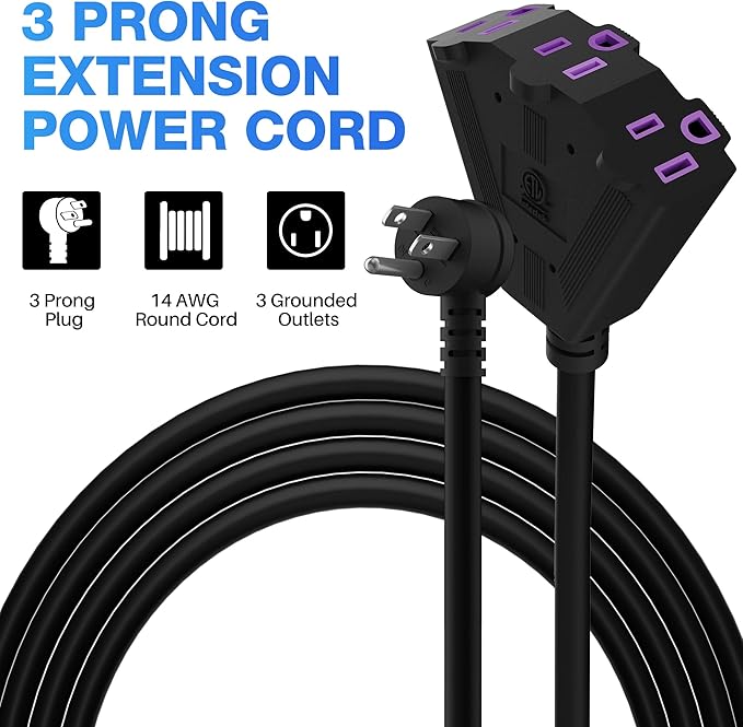 Outdoor Extension Cord 20 FT with 3 Outlets, 3 Prong 90 Degree Angled Plug, 12/3 Heavy Duty 12 Gauge Power Cable, 12AWG, SJTW, 15A, 125V, 1875W, ETL Listed, Black Wire, with Free Carrying Strap+Ties