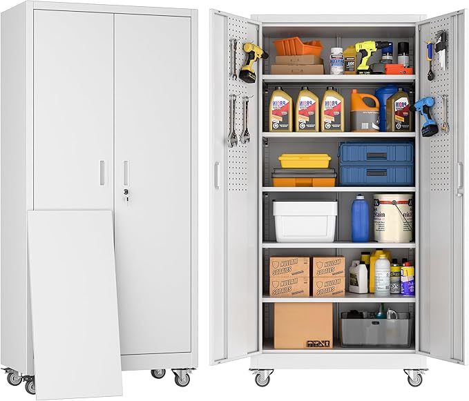 Garage Storage Cabinet with Wheels & Pegboard, 71" H x 34" W x 18" D Locking Metal Storage Cabinet with 2 Doors and 5 Adjustable Shelves for Garage Workshop Home, White, Assembly Required