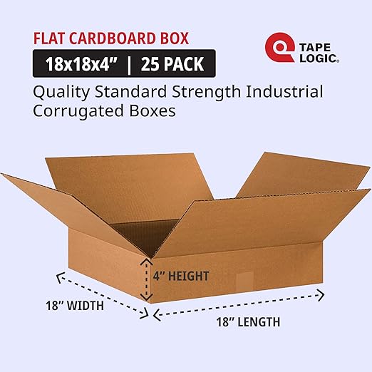 TAPE LOGIC 18 x 18 x 4 Corrugated Cardboard Boxes, Flat 18"L x 18"W x 4"H, Pack of 25 | Shipping, Packaging, Moving, Storage Box for Home or Business, Strong Wholesale Bulk Boxes