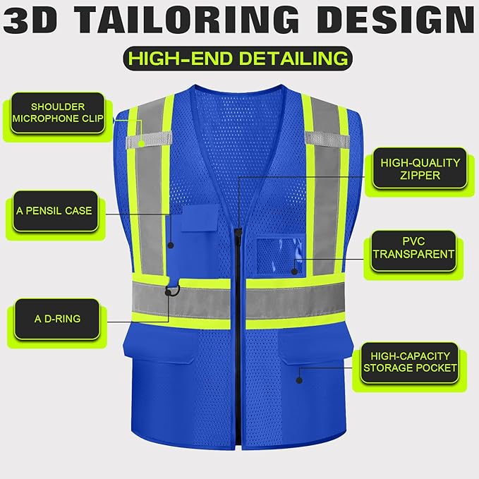 Safety Vest Customize Logo with 5 Pockets & Zipper Reflective High Visibility Vest Class 2 Outdoor Workwear