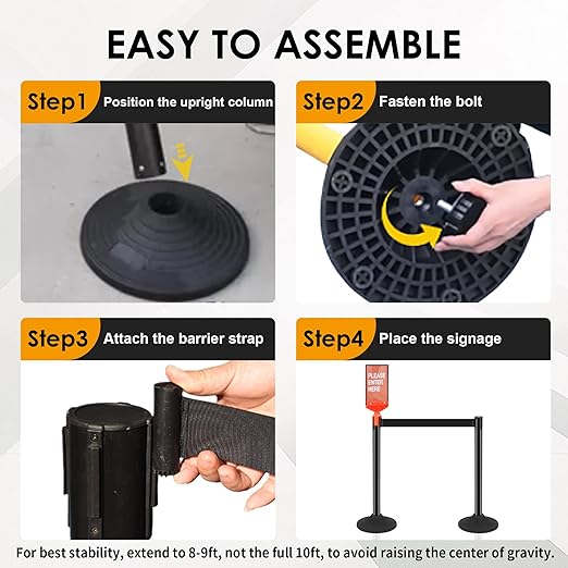 6 Pack Stanchions with Retractable Belts - Heavy Duty Crowd Control Barriers with Weighted Rubber Base, 10FT Retractable Belt Stanchions for Queue Line, Events, Public Safety(Black，6 Pack）