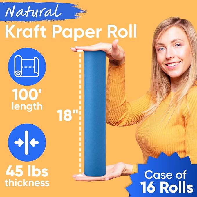 18" x 1200" (100 ft) Dark Blue Kraft Paper (Case of 16 Rolls), 45 lbs Thickness, Made in USA Kraft Paper for School, Art Colored Paper, Gift Wrapping Paper, Packing Paper for Moving