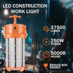 250W LED Temporary Work Light 37,500 Lumens Construction Lights 5000K Portable Linkable IP65 High Lumen Super Bright Durable Job Site Lighting with ON/Off Button for Indoor and Outdoor Area Lighting