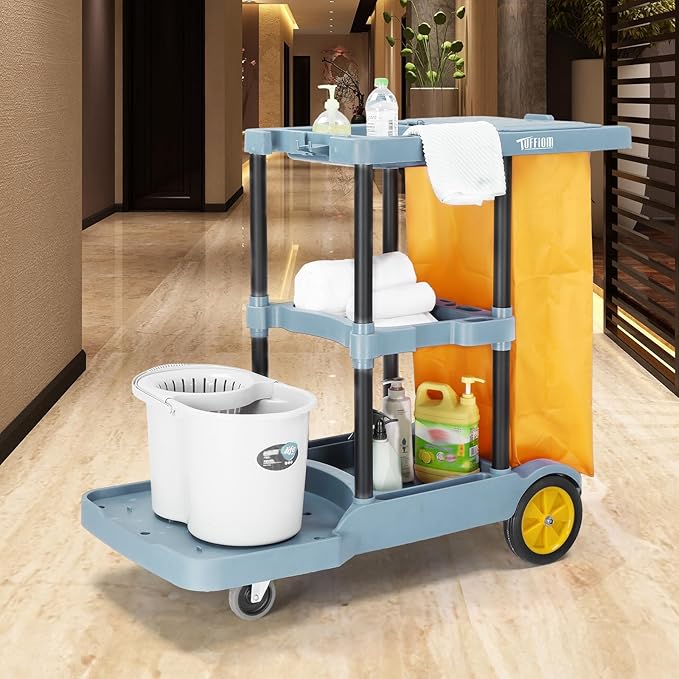 TUFFIOM Commercial Traditional Cleaning Janitorial 3-Shelf Cart, 500 Lbs Capacity Housekeeping Cart, 42.5" L x 18.7" W x 37.6" H, Wheeled with 22 Gallon Yellow Vinyl Bag and Cover w lid, Blue