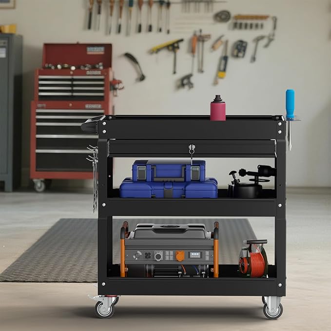 3 Tier Rolling Tool Cart on Wheels, 450 LBS Capacity Tool Cart with Drawers, Heavy Duty Rolling Utility Carts on Wheels, Rolling Tool Work Carts for Garage, Warehouse and Repair Shop,Black