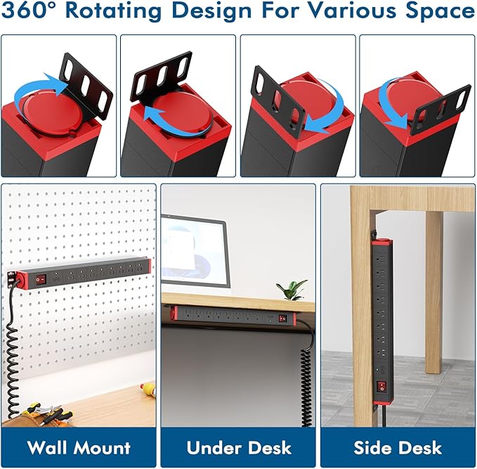 8 Outlet Rack Mount PDU Power Strip, SPD, 1200J Surge Protection & 15A Overload Switch, 360° Rotating Mounting,Fits 19'' Network Server Rack, 5FT Coiled Cord, 1U RackMount