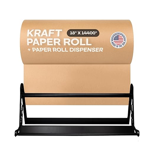 Brown Kraft Paper Jumbo Roll 18" x 14400" (1200 ft) with Dispenser – USA-Made Natural Kraft Paper 30lb Thickness for Packing, Wrapping, Void Filling, Kids' Arts, DIY & School Projects by IDL Packaging
