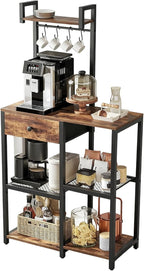 Kitchen Bakers Rack,Microwave Stand with Storage,Adjustable 6 Tier Coffee Bar Staion,Free Standing Bakers Rack with Drawer and Hooks,Kitchen Appliance Storage Shelf for Spices,Pots