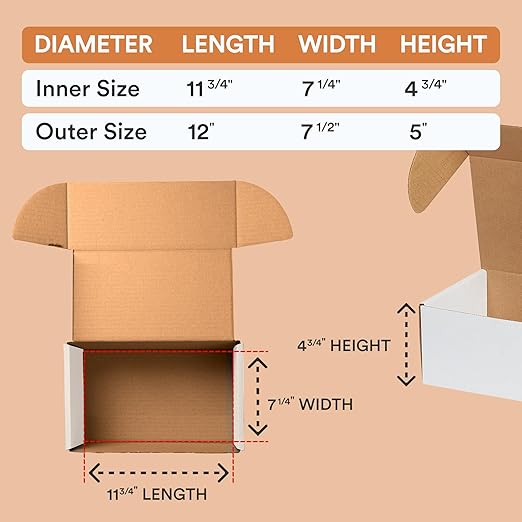 BOX USA 12" Deluxe Shipping Boxes, 12"L x 7 1/2"W x 5"H, 25-Pack - White Box Mailers for Packaging, Storage, Gifts or Bulk Business Orders
