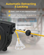 Retractable Extension Cord Reel, 45 FT Heavy Duty Power Cord, 12AWG/3C SJTOW, 3 Grounded Outlets Lighted Triple Tap for Ceiling/Wall Mount, 15 Amp Circuit Breaker, UL Listed, Yellow Y45CR06