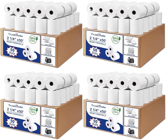 (200 Rolls) Premium 2 1/4 x 50 Thermal Paper Rolls - BPA Free Credit Card Receipt Paper, Suitable for POS & ATM Systems