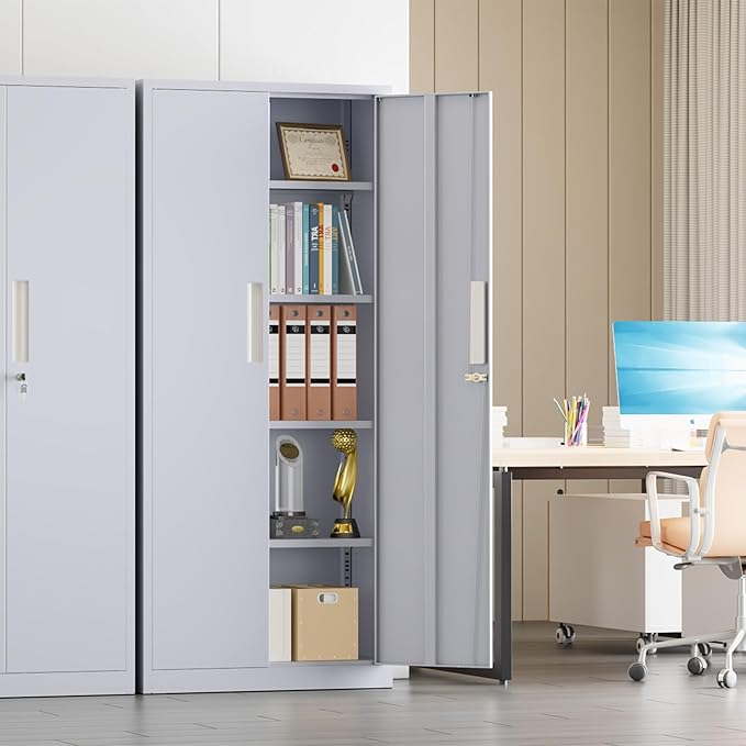 Crownland 63" Metal Storage Cabinet, Lockable Garage Storage Cabinets, High Office Cabinet with Adjustable Shelves for Garage, Home Office, Pantry, File(Cement Grey)