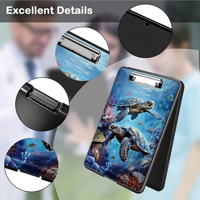 Clipboard with Storage,Office Supplies Nursing Clipboards Folder with Pen Holder Plastic Foldable Clip Board with Storage for Nurse Teacher,Turtle in Sea