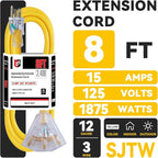 EP 8 Ft 12 Gauge Heavy Duty Extension Cord, 15A 125V 1875W, 3 Outlet Indoor/Outdoor Power Cord with Lighted End, 12/3 SJTW Weatherproof Yellow, UL Listed