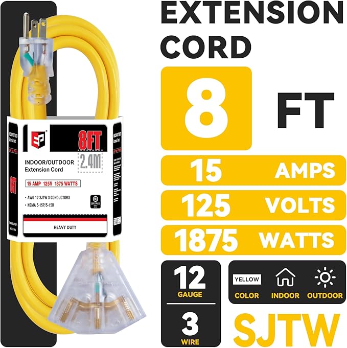 EP 8 Ft 12 Gauge Heavy Duty Extension Cord, 15A 125V 1875W, 3 Outlet Indoor/Outdoor Power Cord with Lighted End, 12/3 SJTW Weatherproof Yellow, UL Listed