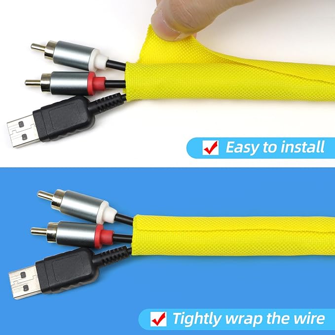 Automotive Wire Loom Tubing, Split Braided Cord Protectors from Pets No Chew, Flexible Cable Sleeve Cable Management for TV/Computer/Electric Wires (Yellow, 3/8"-10ft)
