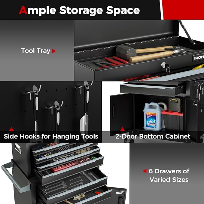 Goplus Tool Chest, 6 Drawers Extra Large Rolling Too Storage Cabinet with 4” Universal Lockable Wheels, Auto Lock, Protective Liner, 2-in-1 Heavy Duty Tool Box for Garage, Workshop