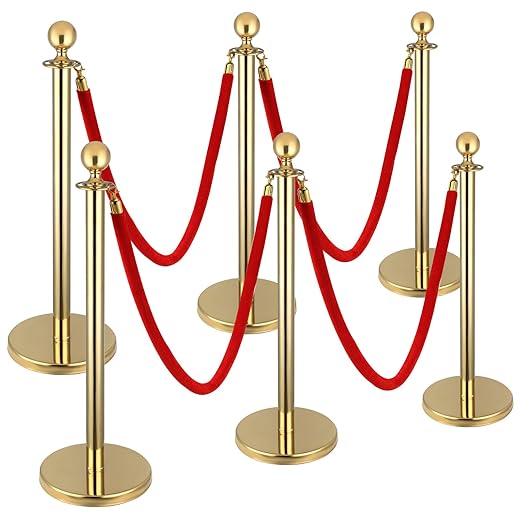 6pcs Gold Stanchions and Red Velvet Ropes 4pcs, Red Carpet Ropes and Poles, Red Carpet Divider Stands Party Decorations, Gold Stanchions Queue Barrier Reception with Fillable Plastic Base