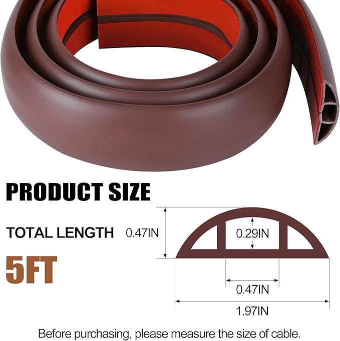MYFAMIREA 5FT Floor Cord Cover for Wire Self Adhesive Cable Cavity Management PVC Extension Cord Hider Power Floor Wire Protector Cover Prevent Cable Trip for Office Home Outdoor (Brown, 1.97'')