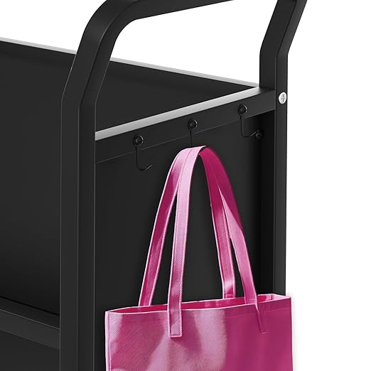 3-Tier Metal Rolling Book Cart, 4 Lockable Wheels & Side Hooks, V-Shaped Heavy Duty Library Cart, 360 Lb Capacity, Bookshelf Organizer for Home, Office, School, Study, Black, 32"x14"x49"