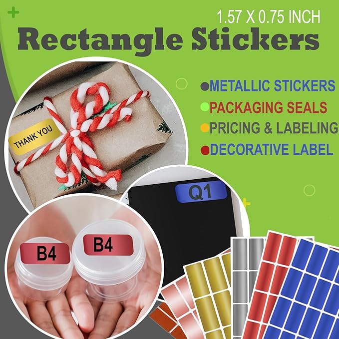 Small Label Stickers Rectangular Tags 1.57 inch x 0.75 inch in 5 Metallic Colors (40mm x 19mm) - 200 Pack by Royal Green