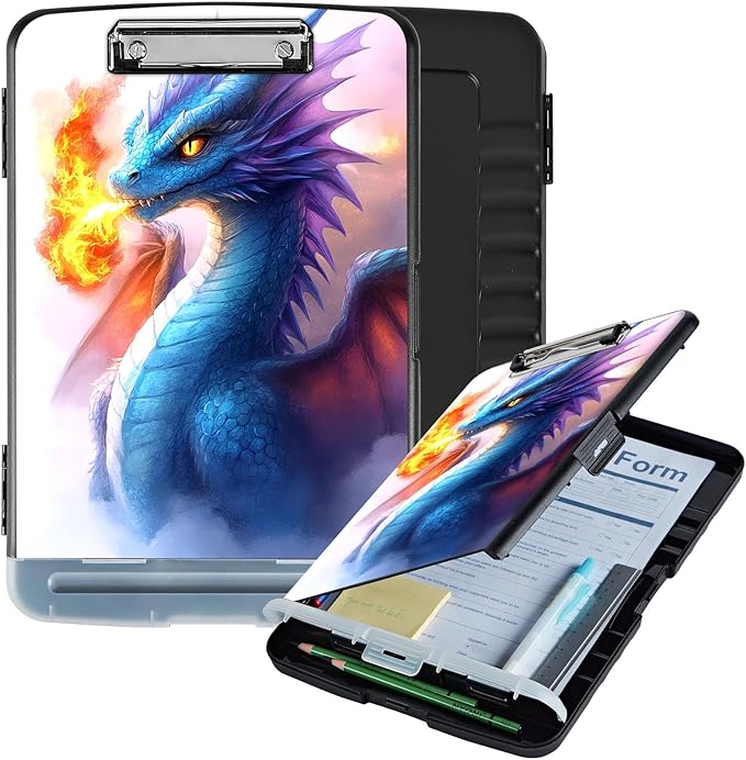 Clipboard with Storage Box & Pen Holder,Heavy Duty Clip Boards 8.5x11 for Nursing,High Capacity,School & Office Supplies,Blue Dragon Fire